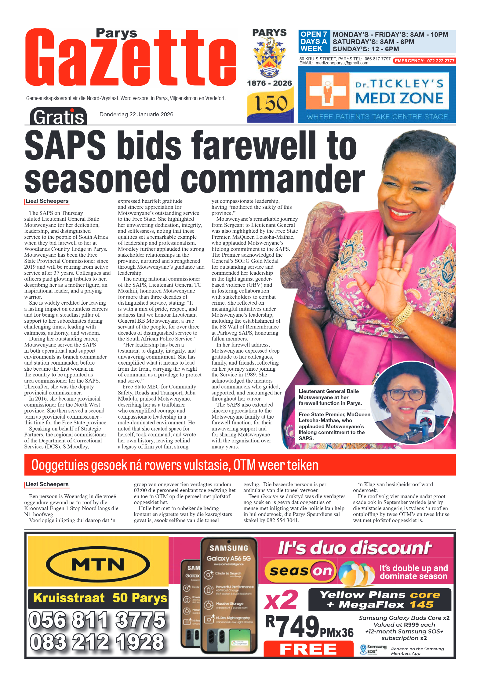 Parys Gazette 22 Januarie 2026 page 1